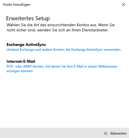 Windows - E-Mail App - Internet E-Mail einrichten