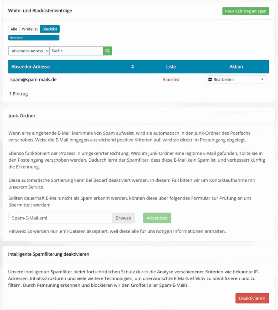 Optionen zur Erstellung von White & Black Lists + automatischer Spamfilter