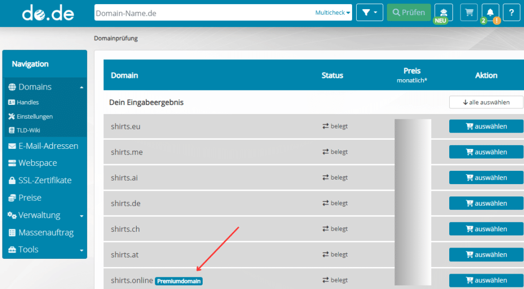 In der Domainsuche werden Premiumdomains als solche klar gekennzeichnet