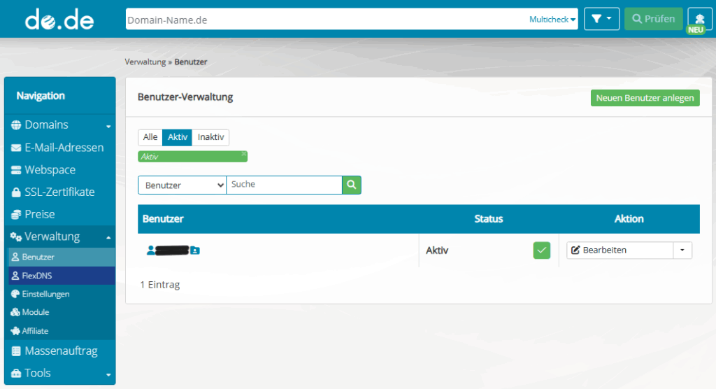 Benutzer verwalten/löschen für do.de