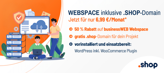 Promo-Angebot Webspace inkl .shop-Domain + WP Woocommerce für 6,99 EUR pro Monat